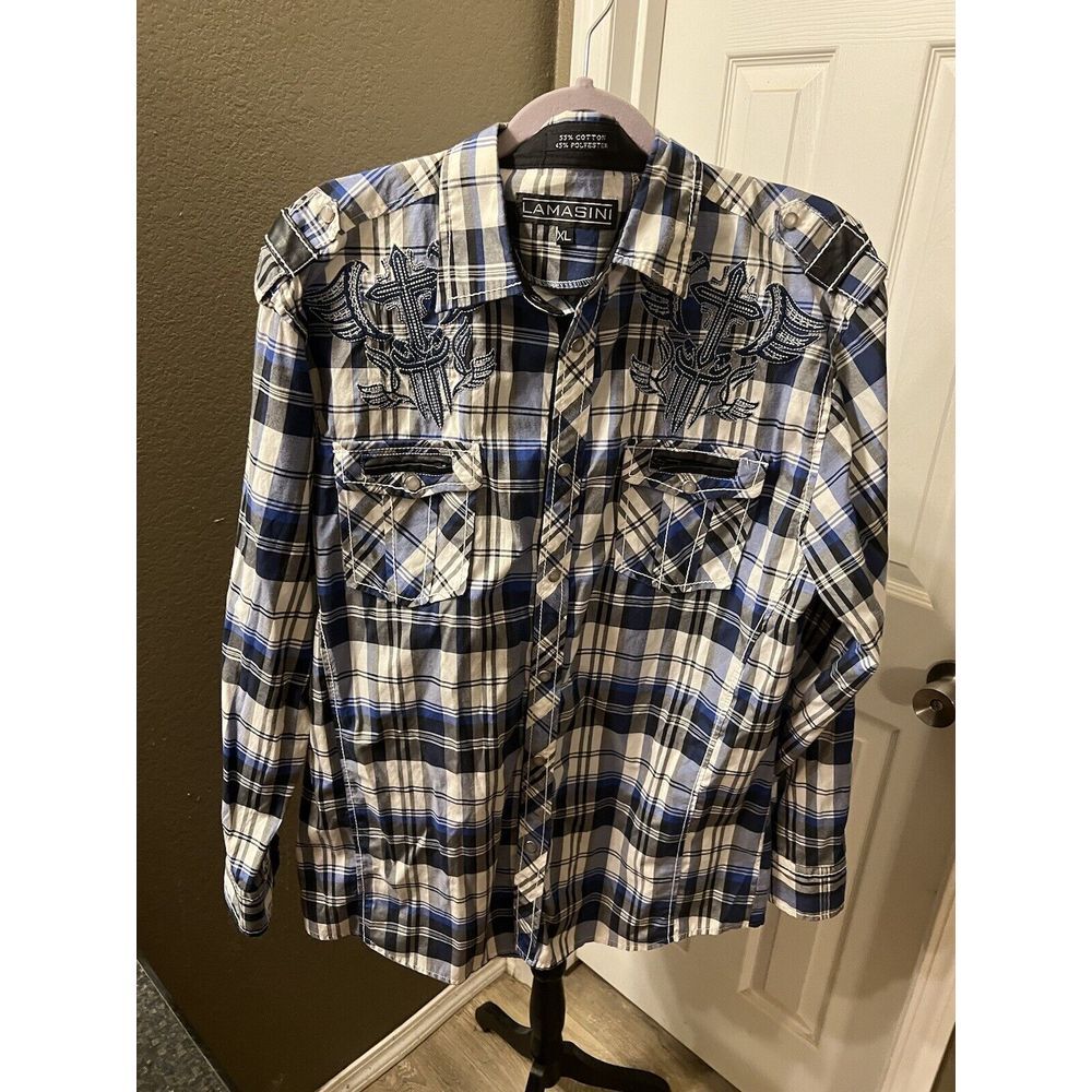 Men's Lamasini XL‎ Pearl Snap Shirt Blue Black Plaid